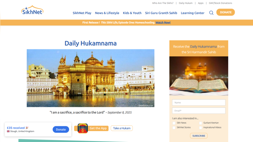 Daily Hukamnama section featuring a golden temple and a quote.