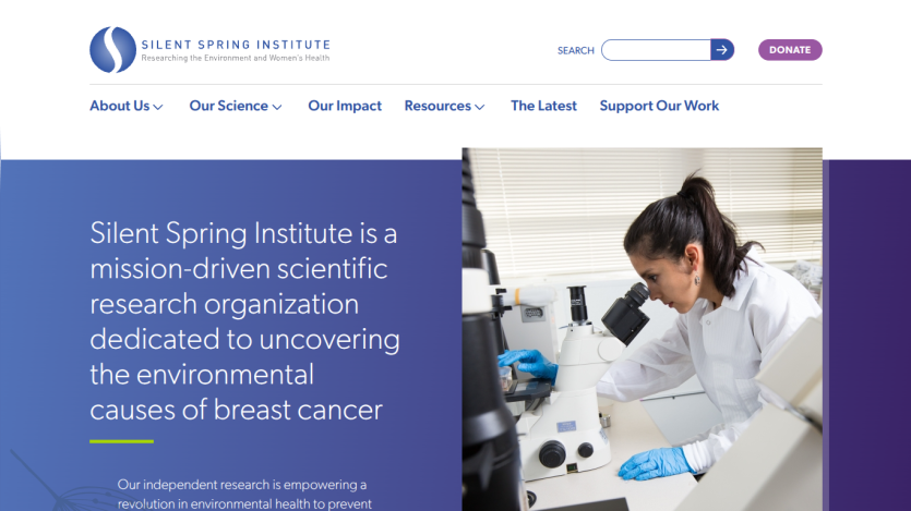 Silent Spring Institute homepage with mission statement about environmental causes of breast cancer and image of scientist using microscope