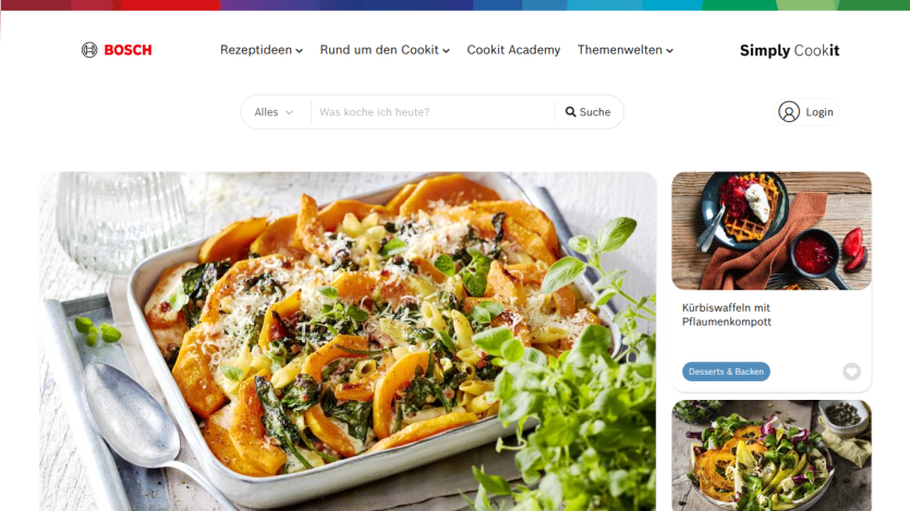 Bosch Simply Cookit website with recipe search and featured dishes including pumpkin waffles and baked pasta