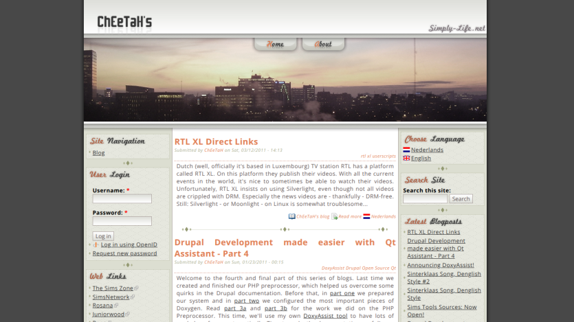 ChEeTaH's blog homepage with cityscape header, navigation buttons, and blog post excerpts about RTL XL and Drupal development