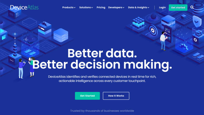 DeviceAtlas homepage with headline Better data. Better decision making. and buttons Get Started and How It Works