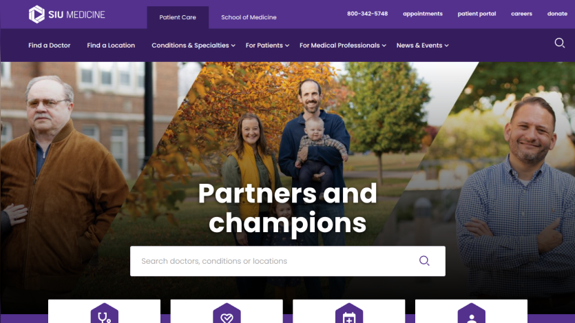 SIU Medicine homepage with navigation menu, search bar, and headline 'Partners and champions' over family images