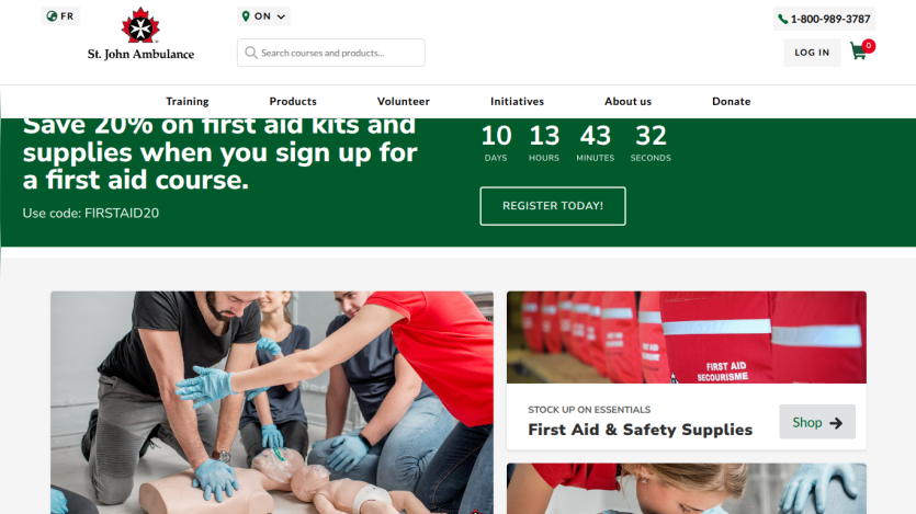 St. John Ambulance homepage with a promotion for 20% off first aid kits and courses, countdown timer, and navigation menu