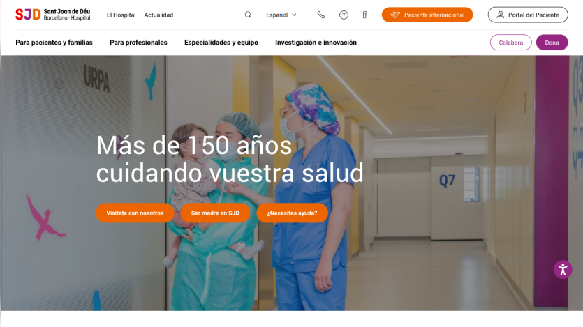 Homepage of a health institution highlighting 150 years of care with call-to-action buttons.