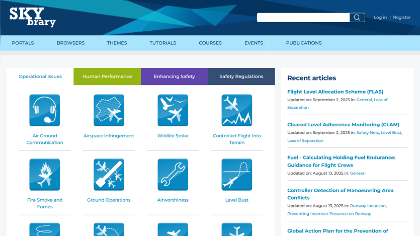 Homepage of Skybrary featuring operational issues and recent articles on aviation topics.