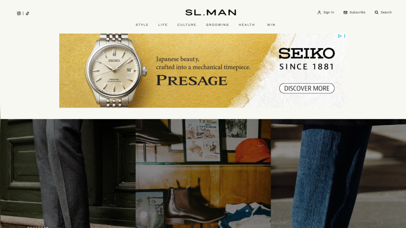 SL.MAN website header with navigation links and a hero section featuring men's fashion items and a Seiko watch advertisement