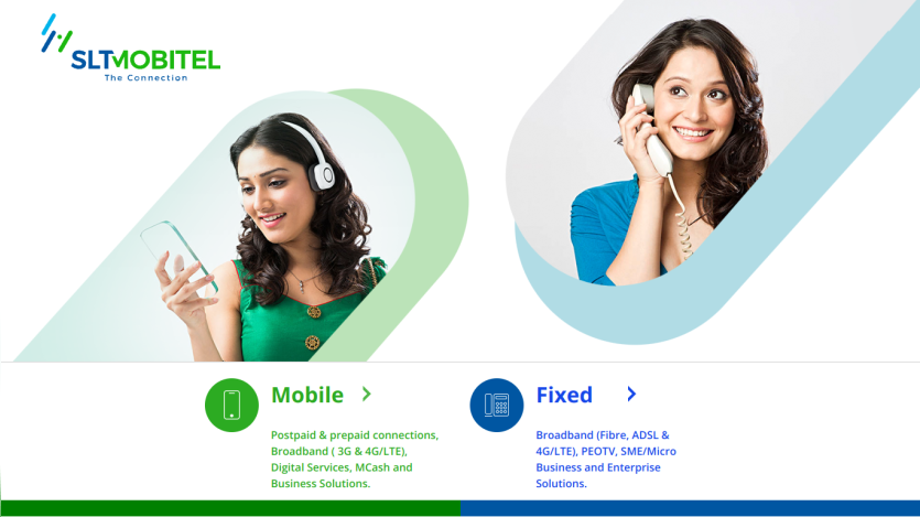 SLT Mobitel homepage featuring mobile and fixed broadband services with customer support images.