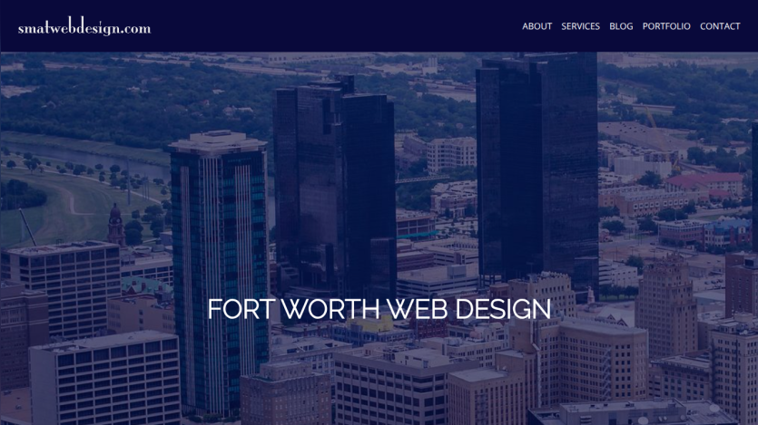 Homepage of a web design company featuring 'Fort Worth Web Design' text over a cityscape background.
