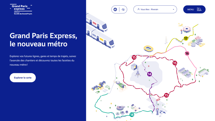 Grand Paris Express metro project homepage with map of new metro lines and call to explore the map