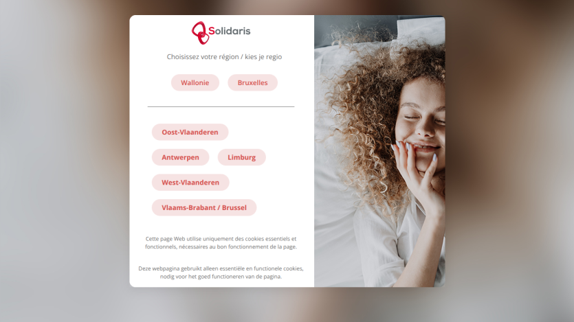 Region selection page with options for Wallonie, Bruxelles, and Flemish regions in French and Dutch