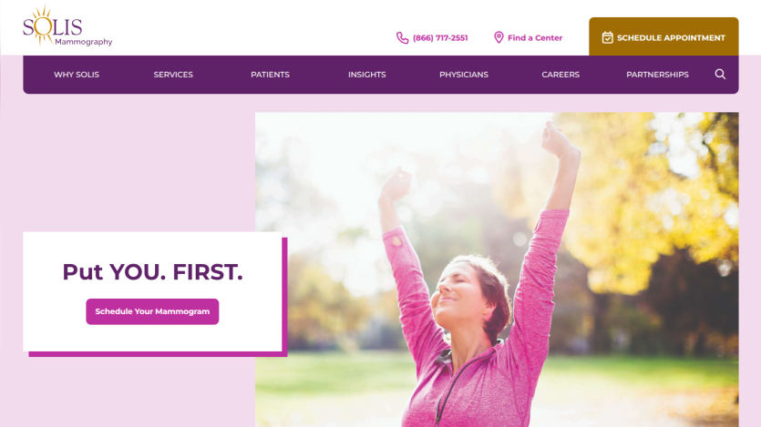 Solis Mammography homepage with navigation and a call to schedule a mammogram, featuring a woman stretching outdoors