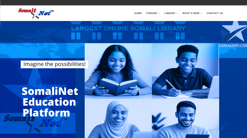 SomaliNet Education Platform homepage with navigation and hero section showing diverse students studying and slogan Imagine the possibilities