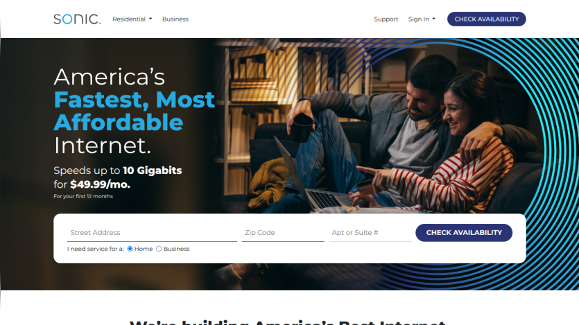 Promotional banner for Sonic internet service highlighting speed and affordability.