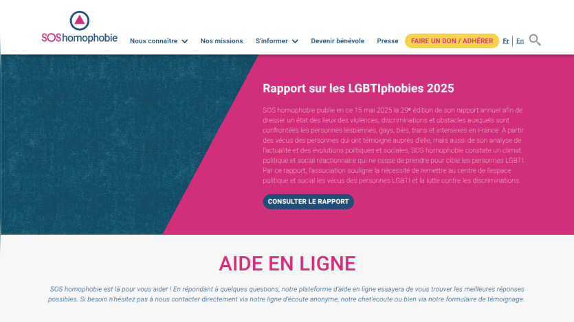 SOS homophobie website header and hero section presenting the 2025 LGBTphobies report with a call to consult the report and online help information.