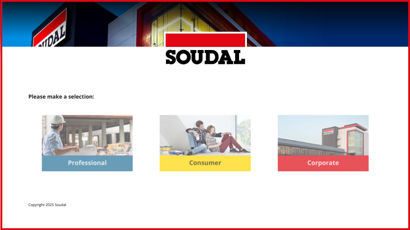 Soudal selection page offering Professional, Consumer, and Corporate options with images and logo