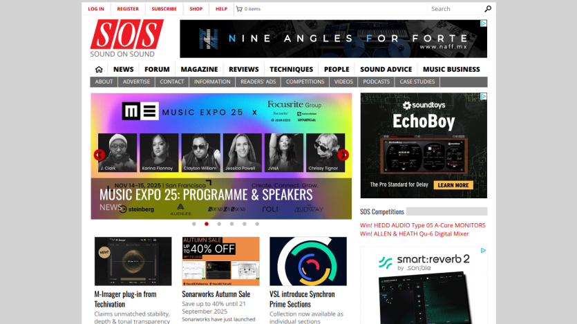 Homepage of SOS with featured articles on music expo and audio gear.