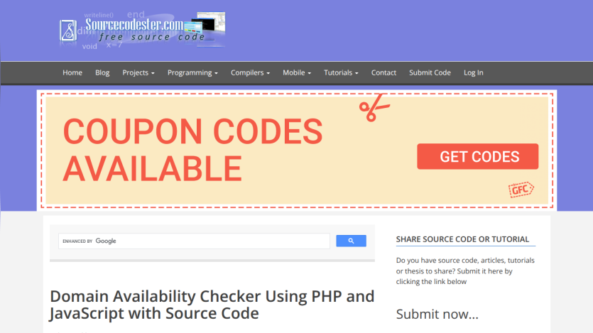 Website offering coupon codes and a domain availability checker tutorial with source code