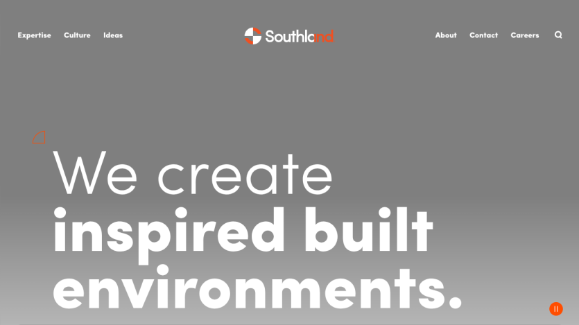 Southicard website hero with tagline 'We create inspired built environments' and navigation menu