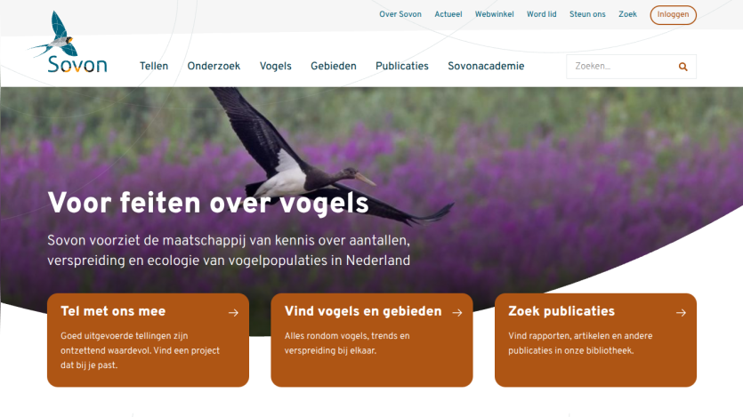 Sovon website providing knowledge on bird populations in the Netherlands with navigation and search options