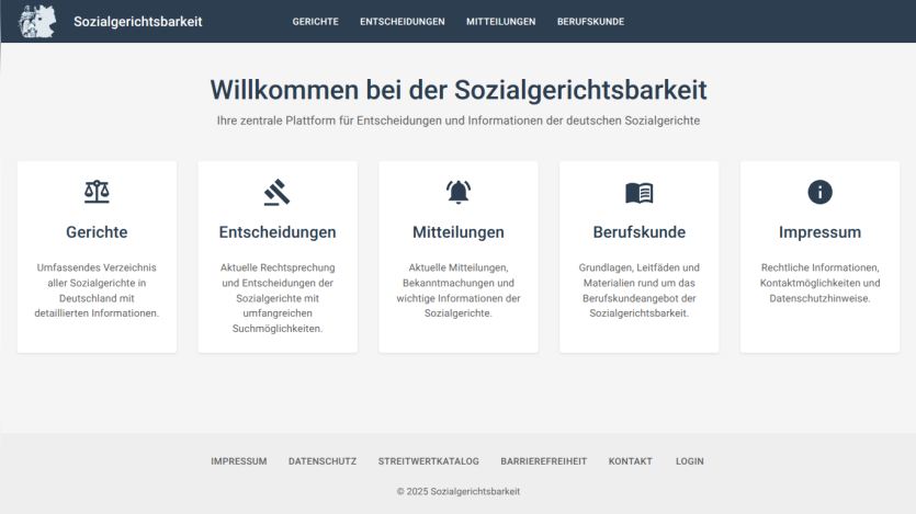 Homepage of Sozialgerichtsbarkeit with navigation and sections for courts, decisions, announcements, professional knowledge, and imprint