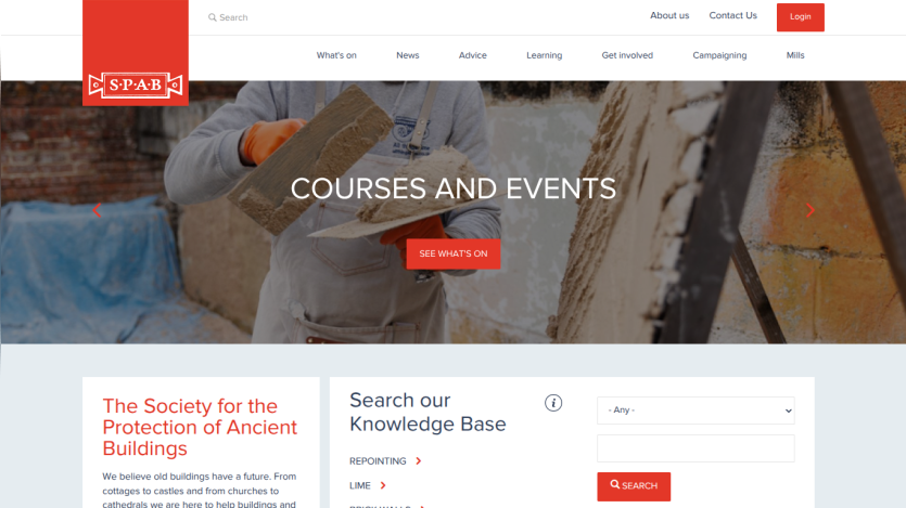 Website for the Society for the Protection of Ancient Buildings featuring courses and events and a knowledge base search.