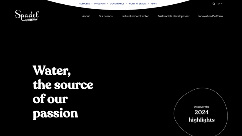 Homepage header with navigation and hero text 'Water, the source of our passion' and a '2024 highlights' button