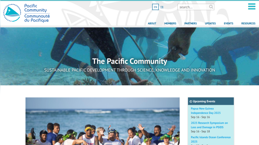 Homepage of The Pacific Community highlighting sustainable development through science and knowledge.
