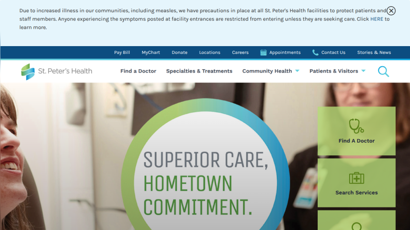 St. Peter's Health homepage with navigation links and hero message 'Superior Care, Hometown Commitment' plus options to find a doctor and search services.