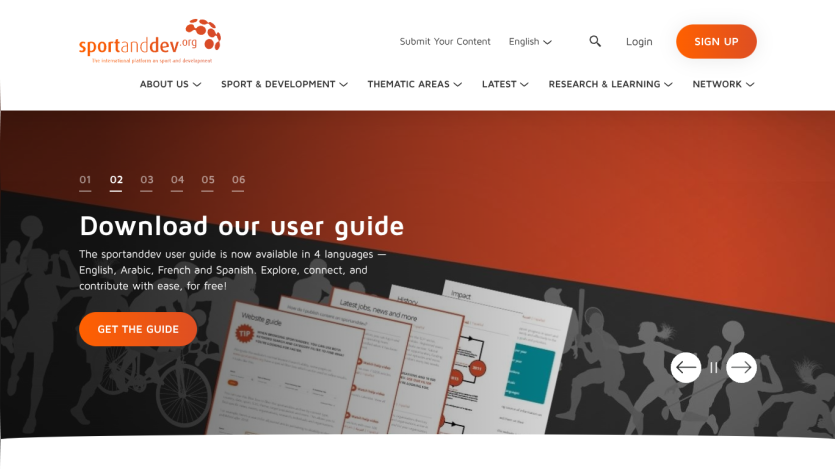 Sportanddev.org homepage with navigation and a hero section promoting a user guide available in four languages