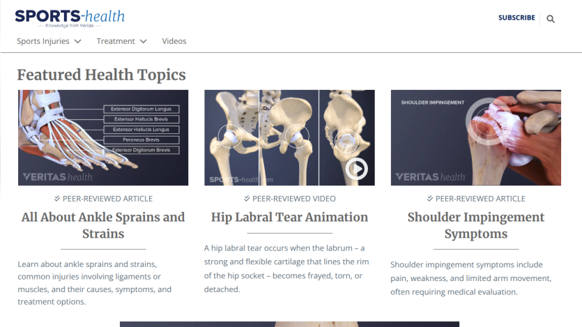 Featured health topics on ankle sprains, hip labral tear animation, and shoulder impingement symptoms with peer-reviewed articles and video