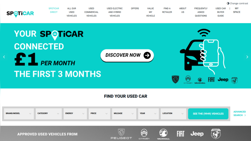 Spoticar homepage with navigation menu, warranty and assistance info, and used car search filters