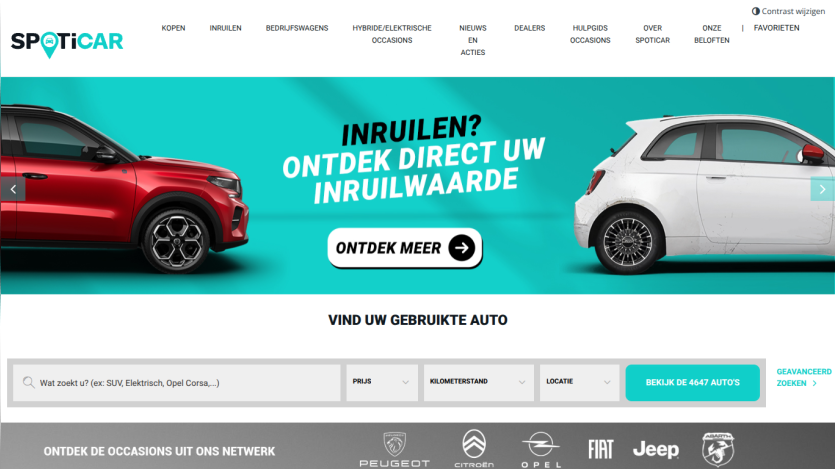 Spoticar homepage with car trade-in value offer and used car search bar