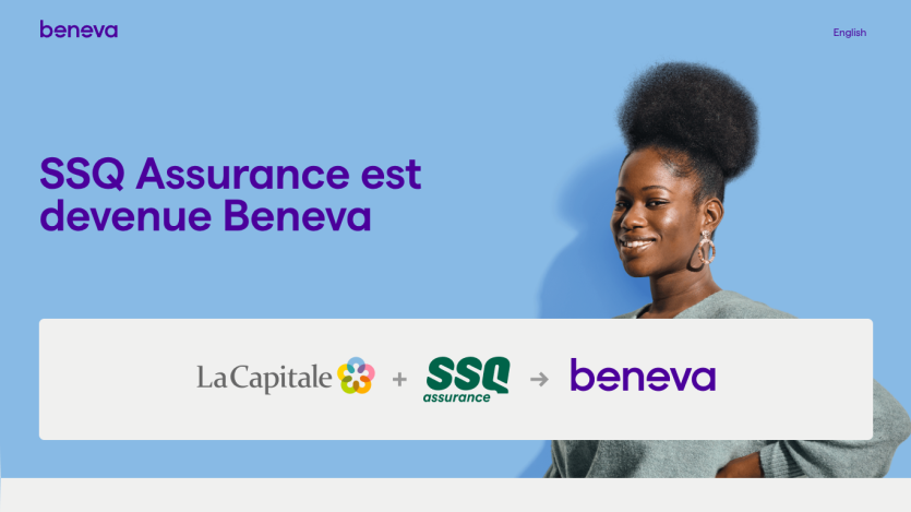 Beneva insurance rebranding announcement with logos of La Capitale, SSQ Assurance, and Beneva alongside a smiling woman