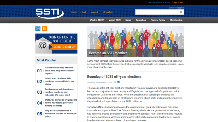 SSTI website homepage with navigation, sign-up for digest, most popular articles, and a feature on 2025 off-year elections