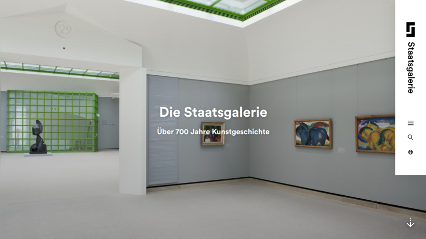 Museum homepage showing modern gallery interior with paintings and text about art history