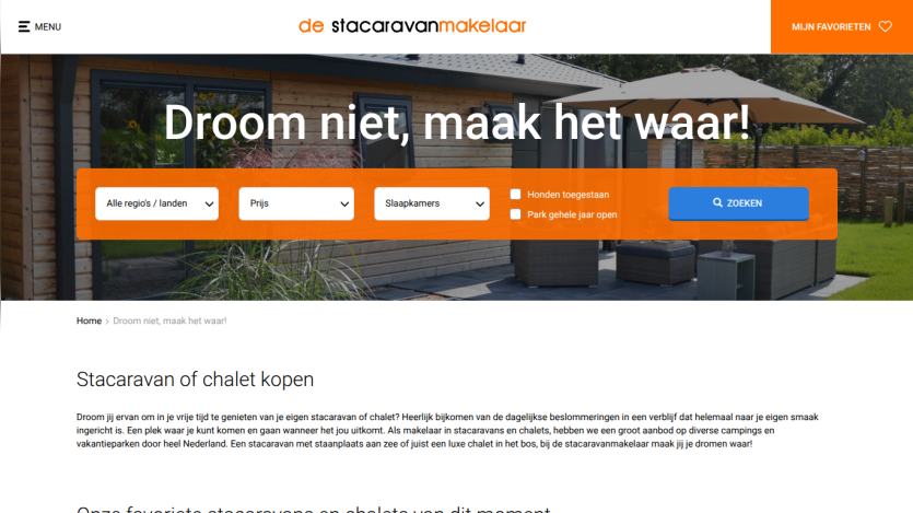 Homepage of a Dutch mobile home and chalet real estate site with search filters and slogan 'Droom niet, maak het waar!'