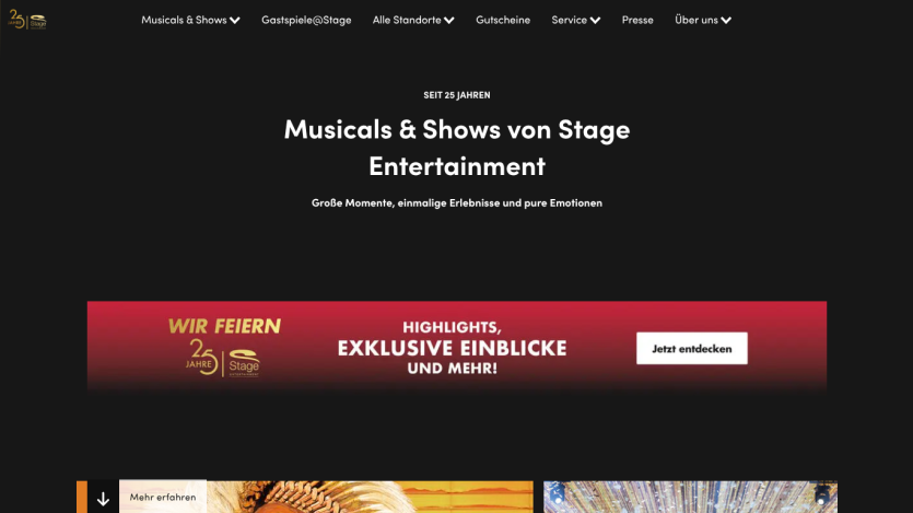 Homepage featuring 'Musicals & Shows von Stage Entertainment' with promotional banner.