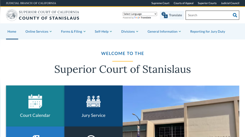 Homepage of Superior Court of Stanislaus with navigation menu, welcome message, and links to Court Calendar and Jury Service.