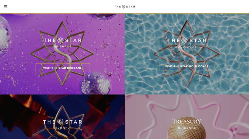 Homepage featuring four vibrant sections with logos and backgrounds in purple and blue hues.