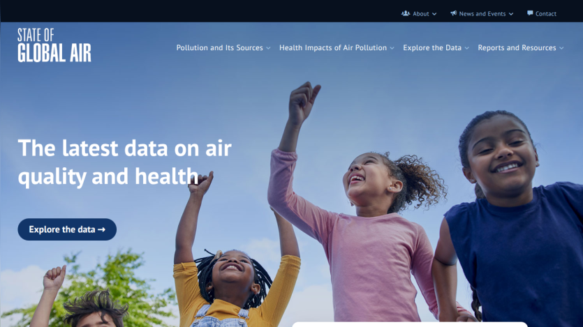 State of Global Air website showing latest data on air quality and health with children playing under clear sky