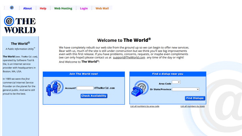Homepage of 'The World' with welcome message and service options.