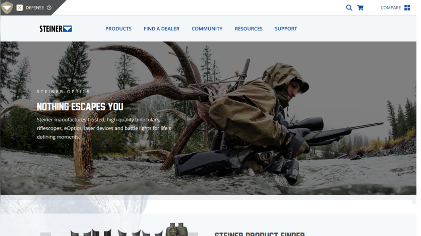 Steiner Optics homepage with navigation and hero section featuring hunting gear and tagline 'Nothing Escapes You'