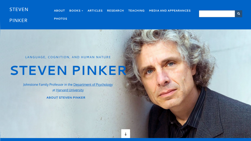 Homepage of Steven Pinker featuring his name, title as Johnstone Family Professor at Harvard, and navigation menu
