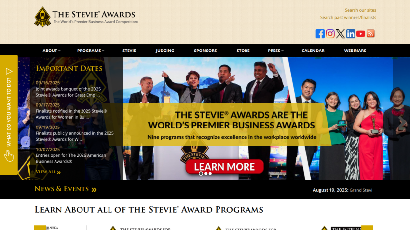 Homepage of The Stevie Awards featuring key dates and a call to action to learn more.