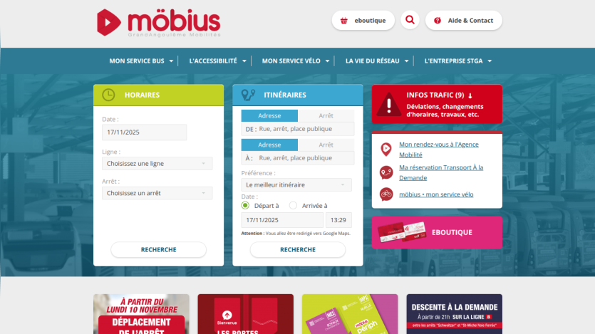 Mobius public transport site with bus schedules, route planner, traffic info, and eBoutique links