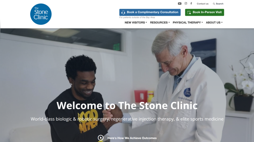 Welcome message for The Stone Clinic with services in biologic and robotic surgery, regenerative injection therapy, and sports medicine