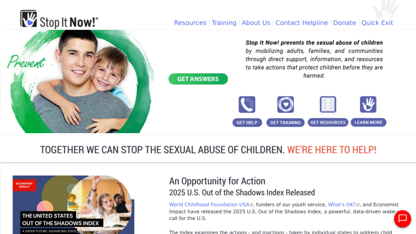 Stop It Now! website hero section with a call to prevent child sexual abuse, navigation links, and a featured report on child protection
