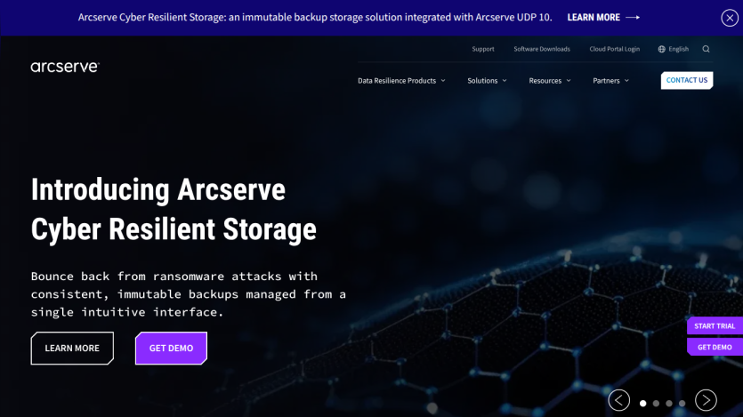 Arcserve Cyber Resilient Storage introduction with key features and call-to-action buttons.