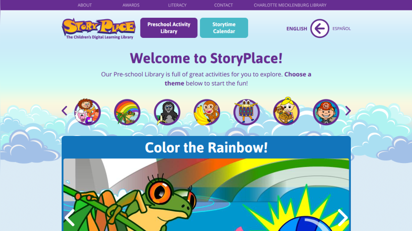 StoryPlace preschool library homepage with navigation, theme icons, and Color the Rainbow activity