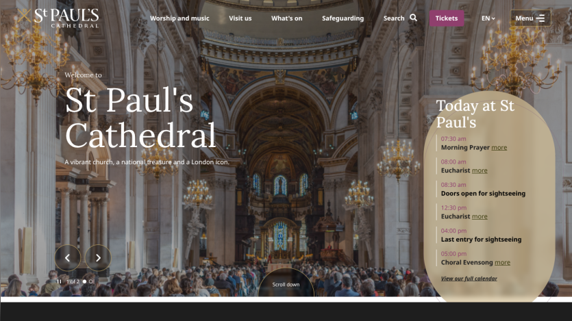 St Paul's Cathedral interior with visitors; today's events listed on the right.